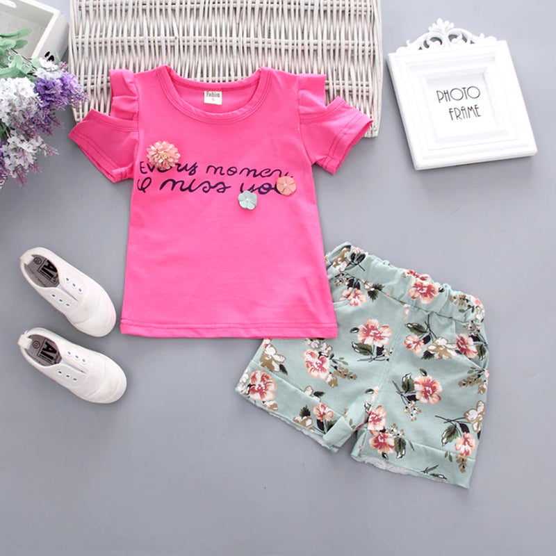 Two Pieces Cotton Girls Clothing Sets Summer Vest Sleeveless Children Sets Fashion Girls Clothes Suit Casual Floral Outfits 1-5T