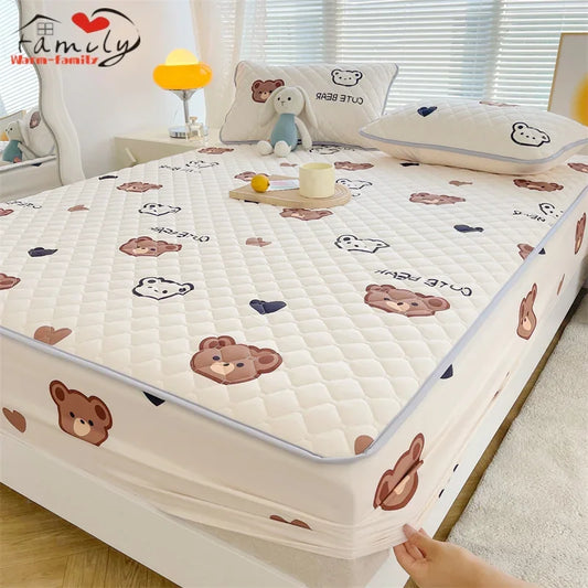 Antibacterial Fabric Mattress Protector Cover Elastic Single Fitted Bed Sheet Flower Printed Bed Cover Queen King Size Decor 1pc