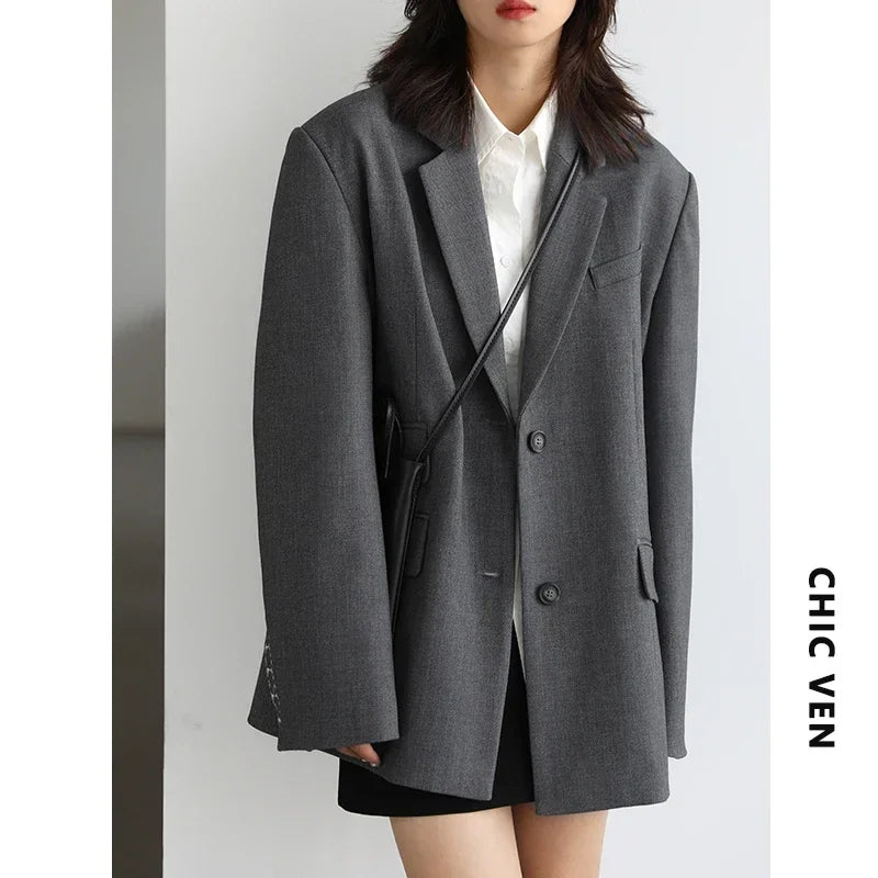 CHICVEN  Women Office Lady Blazer Cuff Embroidery Wide Shoulder Twill Suit Women's Autumn Ladies Outerwear  Stylish Tops