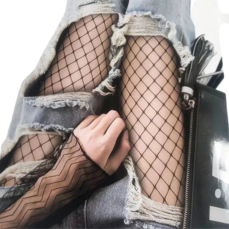 Women Sexy High Waist Fishnet Stockings Mesh Club Tights Panty Knitting Net Pantyhose Ripped Jeans Match Long Socks Lingerie Hot