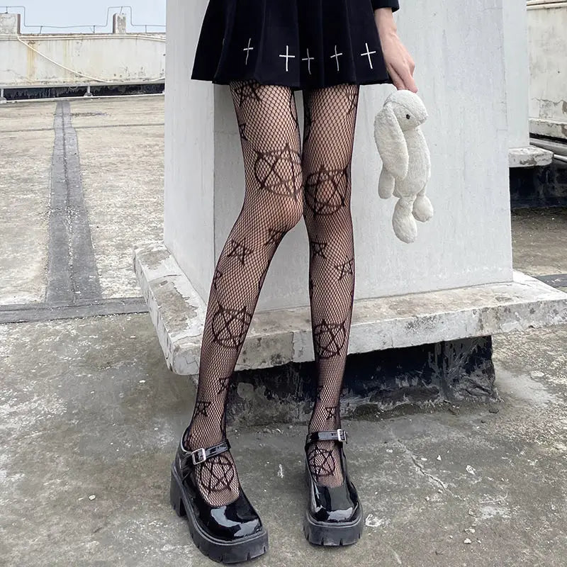 Lolita Girls Cute Pentacle Print Tights Women Sexy Gothic Punk Magical Five-Pointed Star Mesh Fish Net Pantyhose Body Stockings