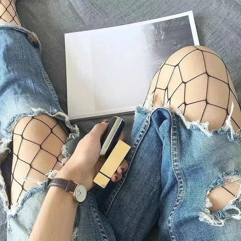 Women Sexy High Waist Fishnet Stockings Mesh Club Tights Panty Knitting Net Pantyhose Ripped Jeans Match Long Socks Lingerie Hot