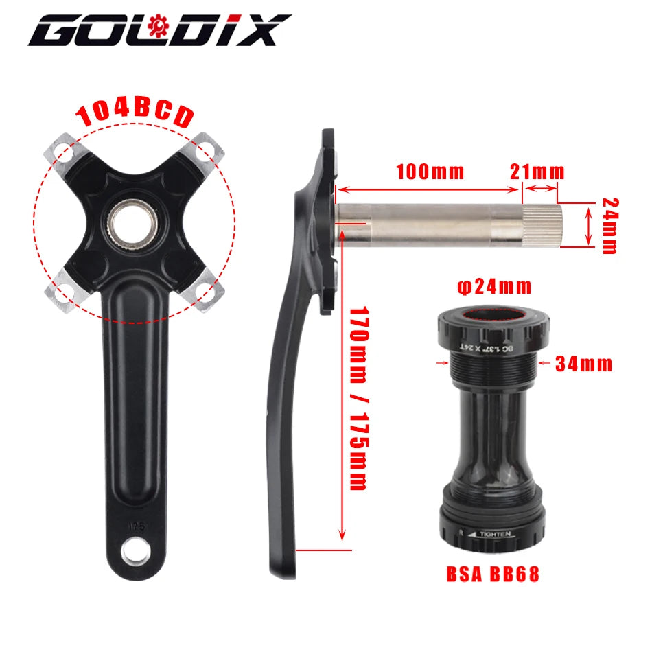 GOLDIX Bicycle Crank Chainring 104BCD MTB Bike Crank Aluminum Alloy with Bottom 170mm Crank Black 32T 34T 36T 38T Plate